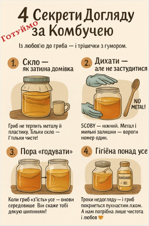 🫧 5 СЕКРЕТІВ ДОГЛЯДУ ЗА КОМБУЧЕЮ
Живий чайний гриб потребує уваги — не надмірної, а щирої.

🥄 1. Скло, а не метал чи пластик
Тільки скляна банка — наче добротна хата для чайного гриба. Метал — агресивний, пластик — неприродний. А от чисте скло дозволяє грибу жити спокійно, без зайвих хімічних стресів.

🌬 2. Вільне дихання без протягів
Чайний гриб — істота тонка. Потребує кисню, але не любить протягів. Накрий банку марлею або натуральною тканиною й постав у затишне тепле місце — без прямого сонця, галасу й метушні.

🧤 3. Без пальців, без металевих ложок
SCOBY — як рідкий птах: делікатний і чутливий. Ніколи не торкайся руками, не мішай металом. Якщо треба щось поправити — користуйся дерев’яною або силіконовою лопаткою. А краще — просто дай йому спокій.

🍵 4. Своєчасне «годування»
Коли комбуча перестає шипіти, а смак стає занадто кислим — це знак: гриб просить свіжого чаю. Злий стару рідину (залиш 10–20% як стартер) і завар нову. Ритуал оновлення — це життя для SCOBY.

🧼 5. Чистота — основа всього
Навіть одна крапелька мила чи бруду може зіпсувати всю партію. Перед кожним процесом ретельно мий руки, банку та все обладнання. Якщо з’явилась пліснява (пухнаста, зелена або чорна) — гриб викидається, і починаємо з нуля. Не плутай із тонким прозорим нальотом — це новий шар гриба, і це прекрасно!

💬 Порада від серця:
Комбуча — як домашній вихованець у банці. Не треба надмірної опіки, але трохи тепла й уваги зроблять її найкращим напоєм у домі.