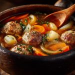 Домашній суп із фрикадельками з яловичини в дерев’яній мисці — ароматний рецепт.