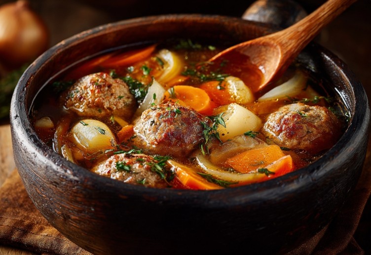 Домашній суп із фрикадельками з яловичини в дерев’яній мисці — ароматний рецепт.