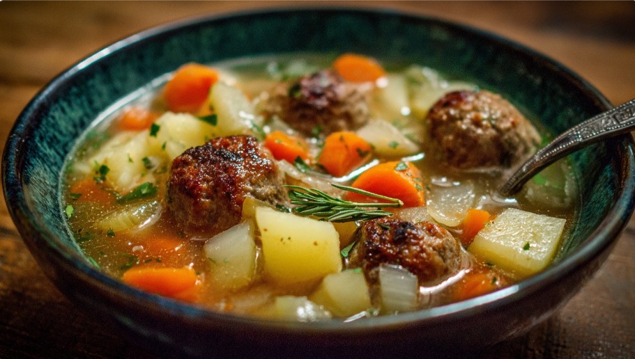 Суп із фрикадельок з яловичини та овочів — крупний план готового рецепта.