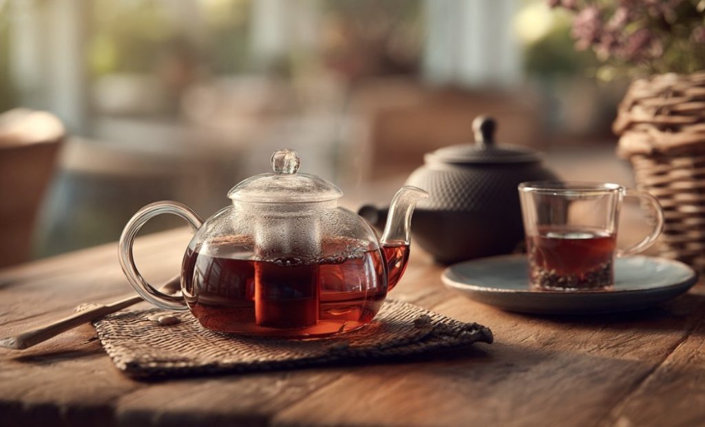 Чай з бергамотом у скляному чайнику на дерев’яному столі