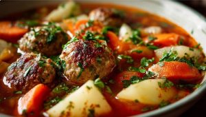 Легкий овочевий суп із фрикадельками з яловичини у білій мисці — домашній рецепт.