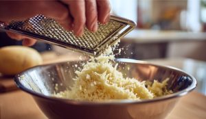 Руки натирають ріпчасту цибулю на тертці у металеву миску для приготування дерунів.