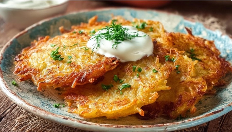 Хрусткі картопляні деруни на тарілці зі сметаною та зеленню