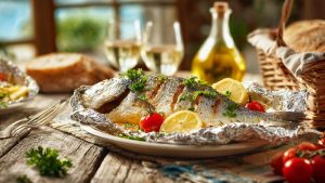 дорадо в духовці рецепт подача у фользі на тарілці з зеленню