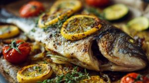 дорадо в духовці рецепт на овочевій подушці з цибулею та помідорами