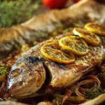 дорадо в духовці рецепт на овочевій подушці з цибулею та помідорами