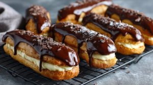 Свіжі еклери з кремом у шоколадній глазурі, зроблені за рецептом.