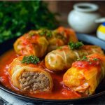 Голубці у капустяних листках крупним планом у томатному соусі