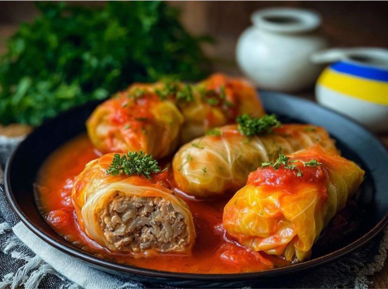 Голубці у капустяних листках крупним планом у томатному соусі