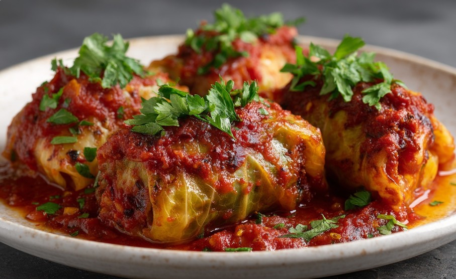 Готові домашні голубці на тарілці зі сметаною та зеленню