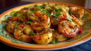 Пікантні креветки у часниковому соусі з зеленню, приготовані за рецептом.