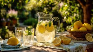 Графін лимонаду з м’ятою та льодом, зроблений за домашнім рецептом.