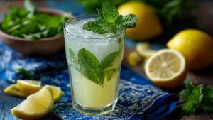 Домашній лимонад з м’ятою у високій склянці за класичним рецептом.