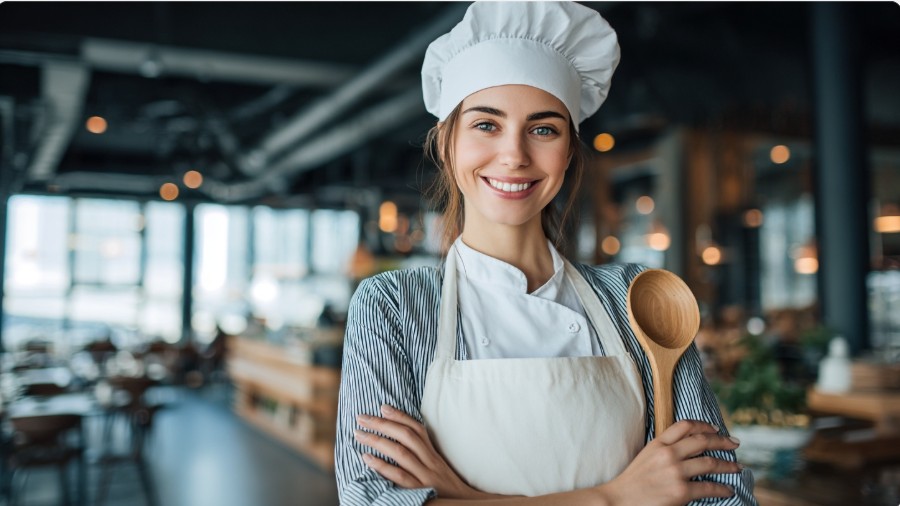 Молода гарна жінка-кухар на сучасній кухні з черпаком у руці