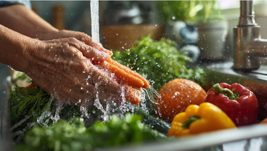 Руки миють свіжі овочі під проточною водою на кухні