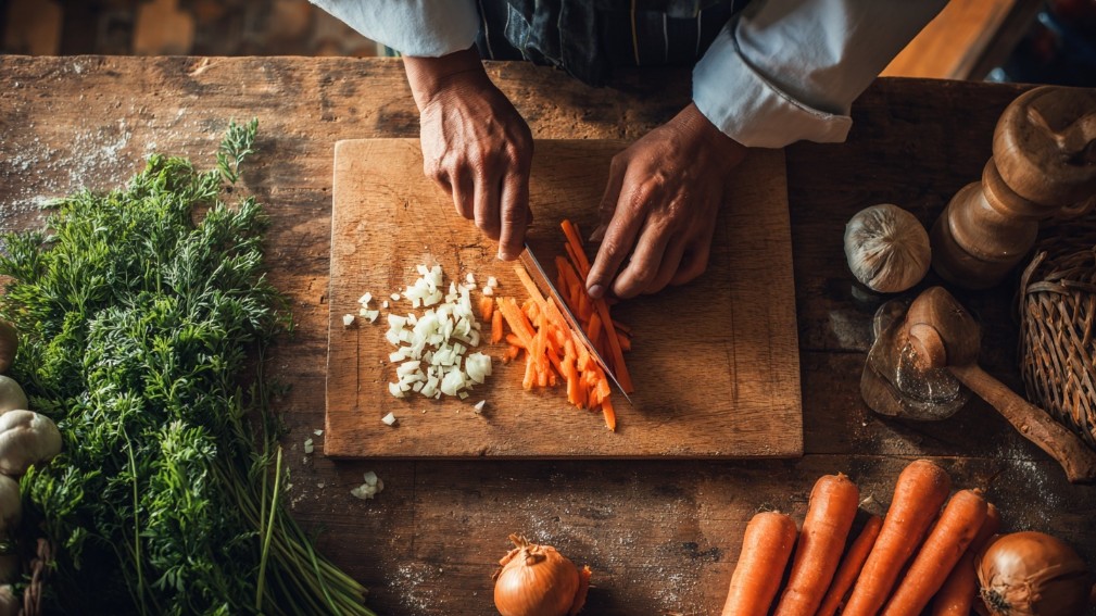 Руки кухаря нарізають моркву та цибулю на дерев’яній дошці