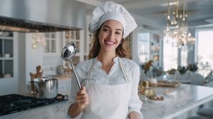 Молода усміхнена жінка-кухар у білому фартуху та ковпаку на розкішній домашній кухні з черпаком у руці