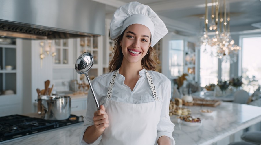 Молода усміхнена жінка-кухар у білому фартуху та ковпаку на розкішній домашній кухні з черпаком у руці