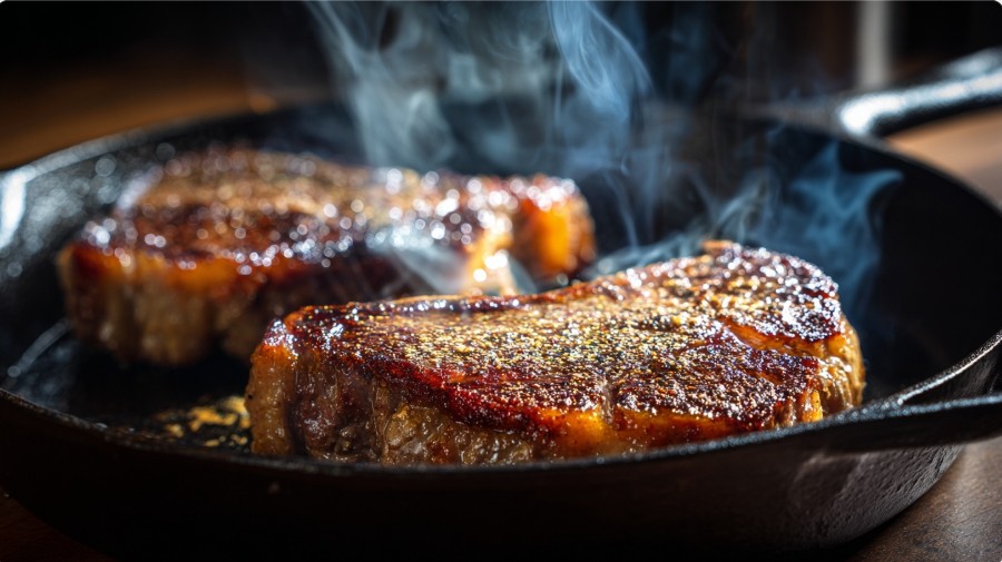 Обсмажування стейка до рум’яної скоринки на сковороді