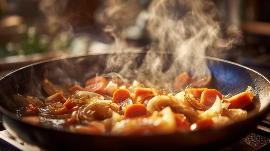 Цибуля та морква пасеруються на сковороді до золотистого кольору