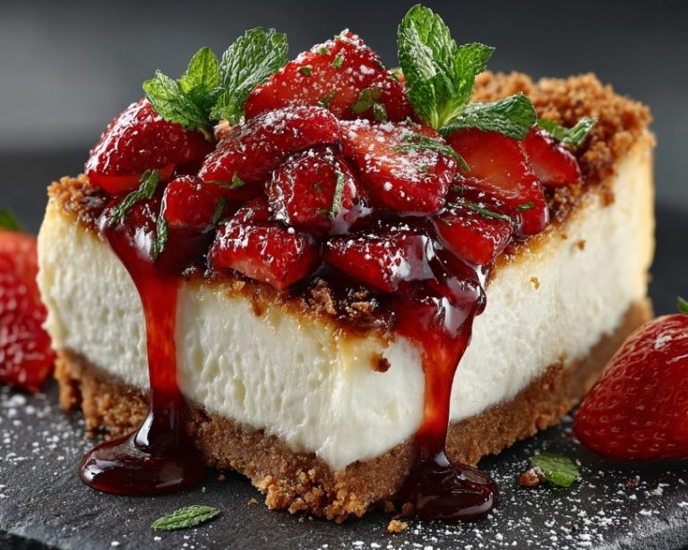 чізкейк з полуницею на тарілці з ягодами