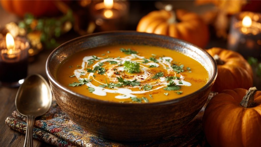 Порція гарбузового крем-супу на столі з гарбузом