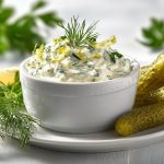 Соус тартар рецепт у білій піалі з великою кількістю зелені.