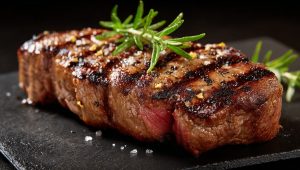 Апетитний стейк яловичий, приготований за рецептом до середньої прожарки.