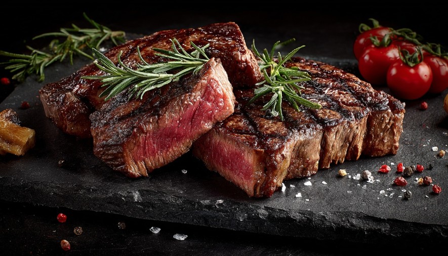 Готові стейки яловичі рецепт, подані з розмарином та овочами.