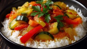 Страва тушковані овочі з рисом, приготована за рецептом.