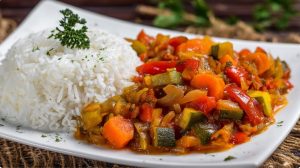 Домашня страва тушковані овочі з рисом за простим рецептом.