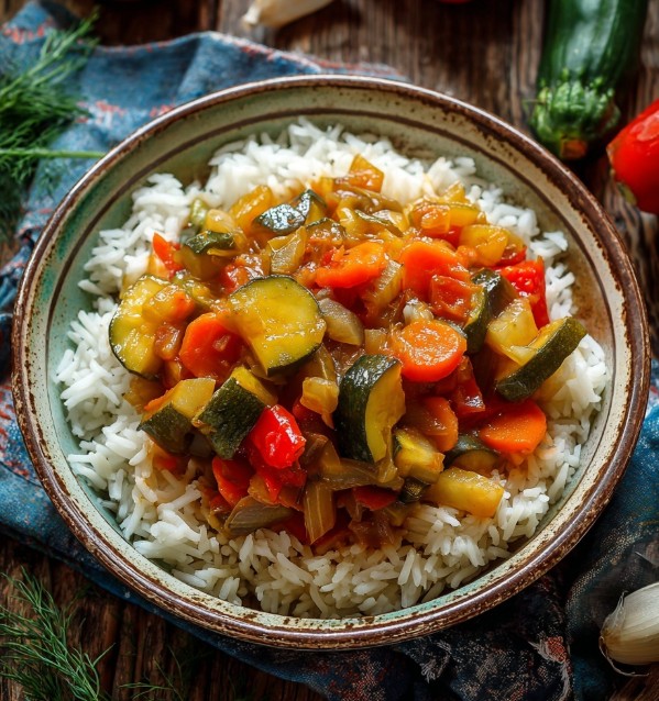 Тушковані овочі з рисом — Овочева страва