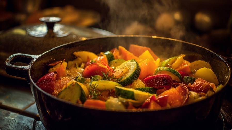 Овочі тушкуються в глибокій сковороді з кришкою