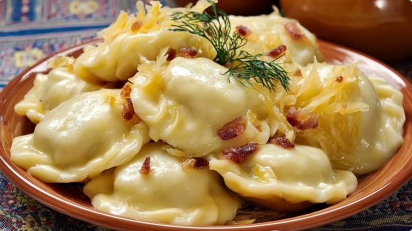 Вареники з капустою рецепт прикрашені кропом у тарілці.
