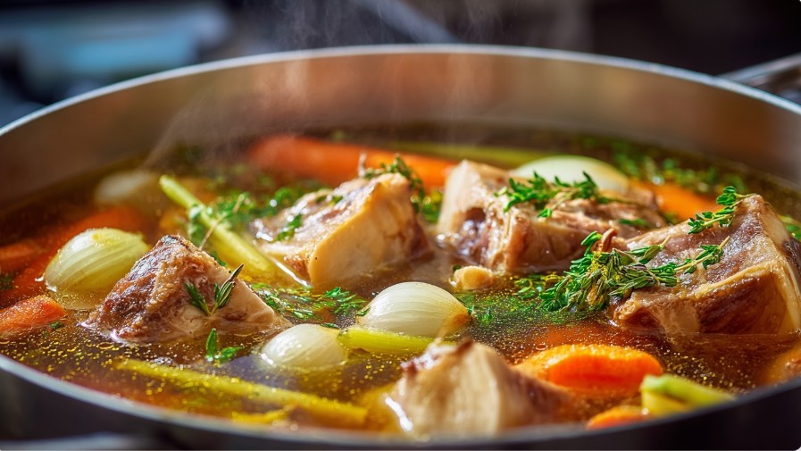 Бульйон вариться з м’ясом, морквою та спеціями