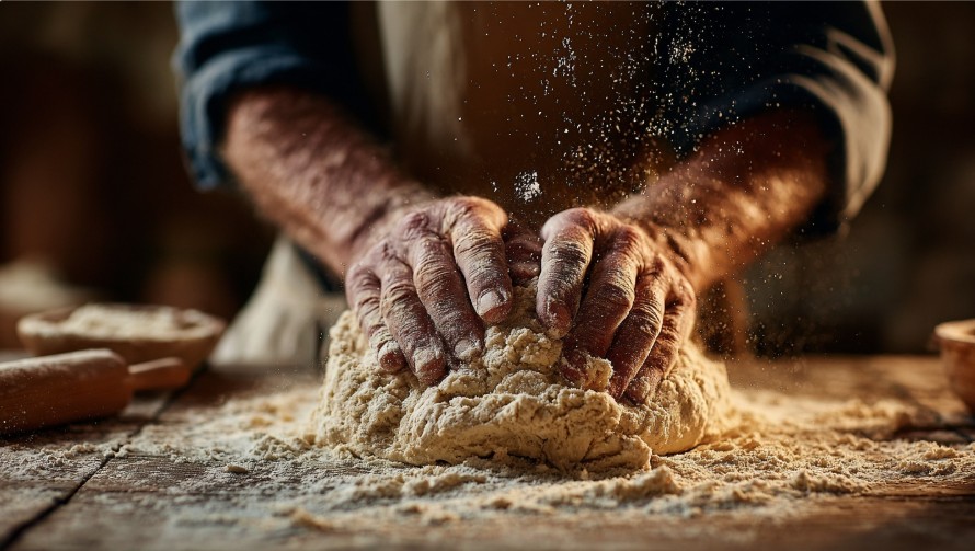 Руки замішують тісто на посипаній борошном поверхні