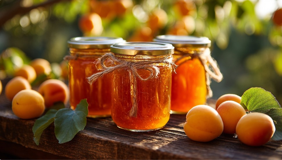 Домашнє абрикосове варення в скляних банках на сонці