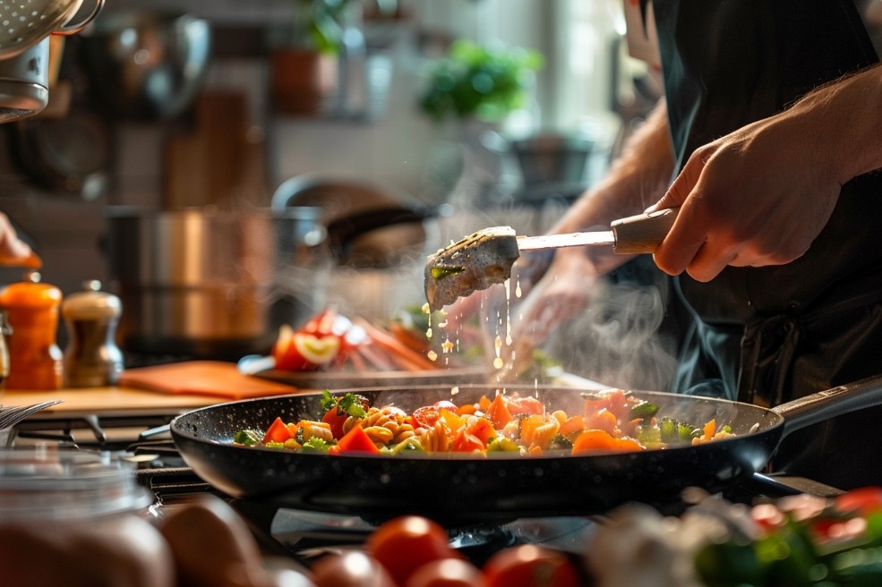 Жінка готує зелень на плиті з парою