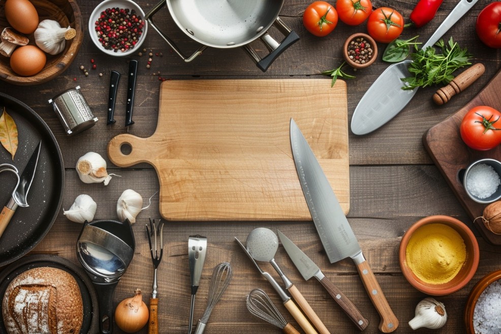 Кухонні інструменти та інгредієнти на дерев’яному столі