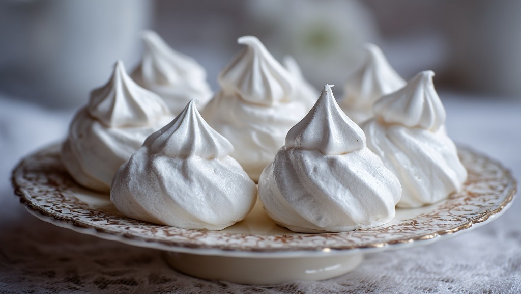 Великі домашні білкові безе на декоративній тарілці.