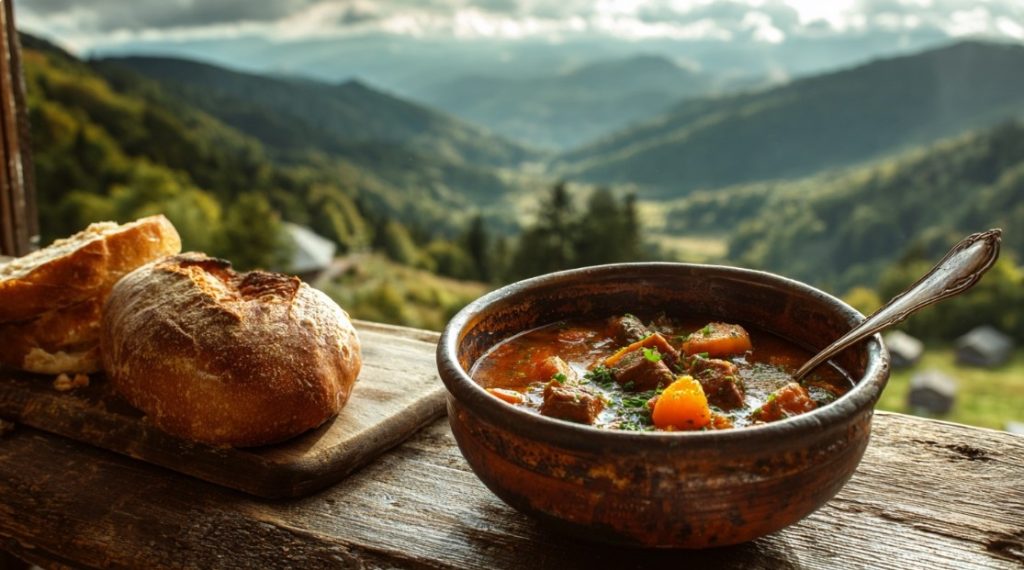 Подача бограчу з хлібом і видом на гори