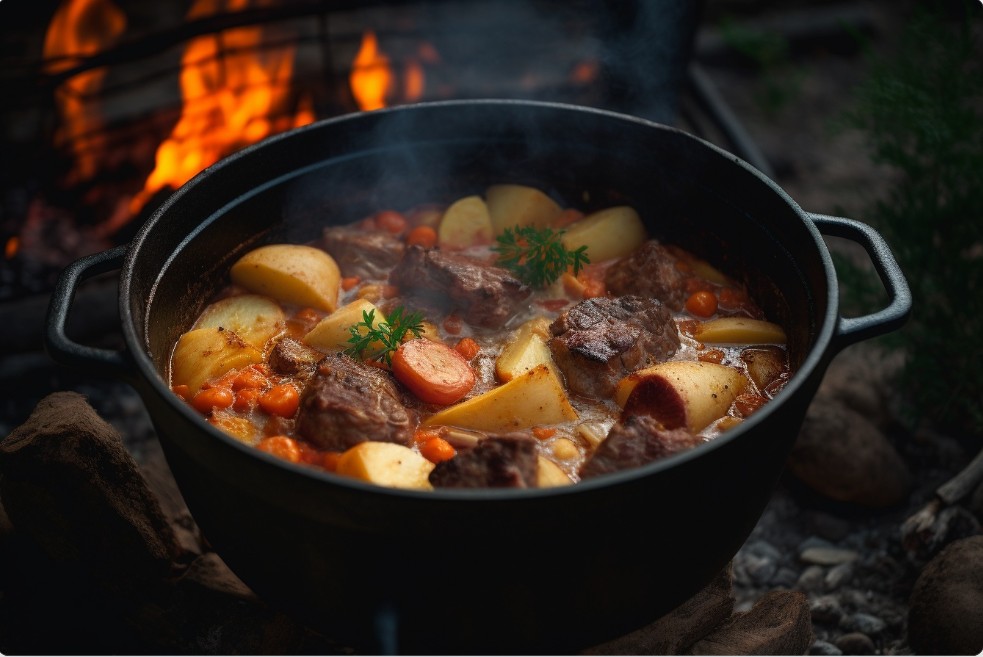 Бограч із картоплею і морквою в казані на відкритому вогні