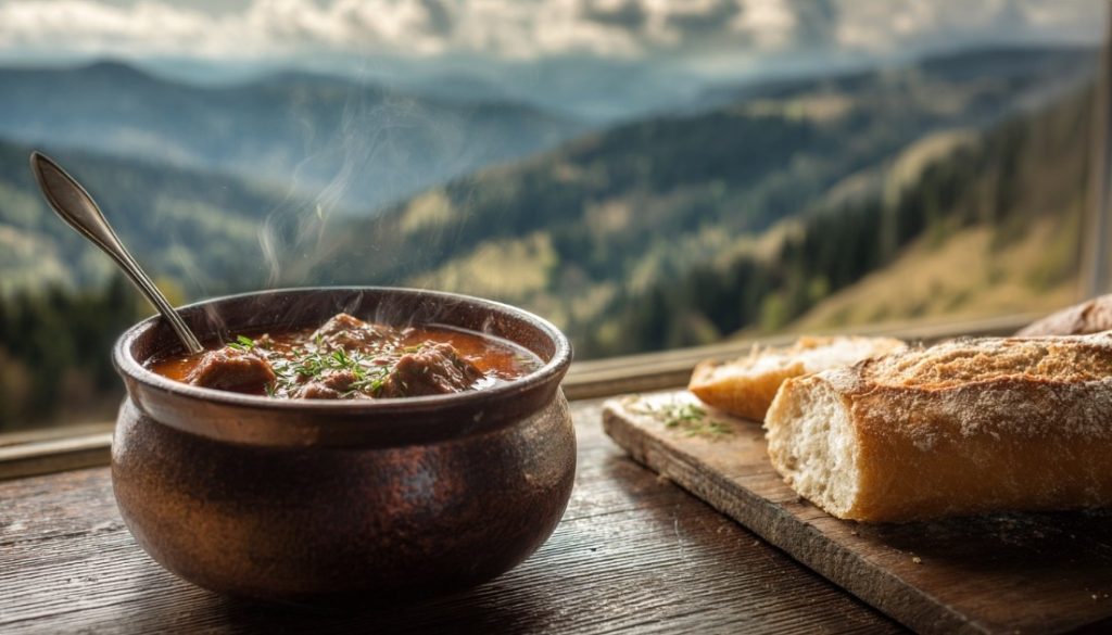 Гаряча страва бограчу на тлі Карпатських гір — пара над глиняною мискою