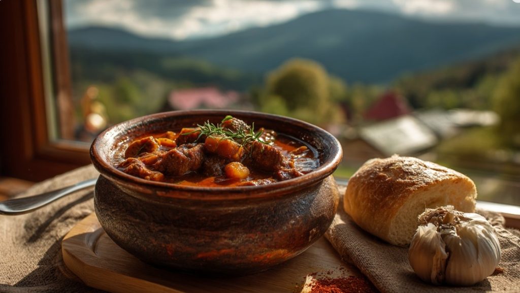 Миска бограчу з часником, паприкою та хлібом, на фоні — Карпати