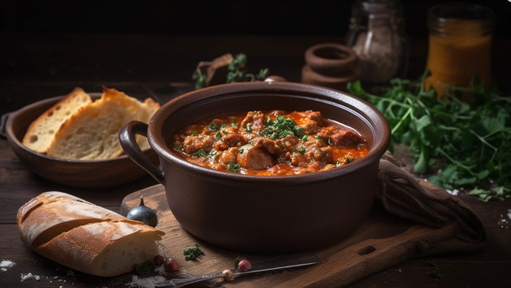 Подача бограчу з хрустким багетом і зеленню на дерев’яній дошці