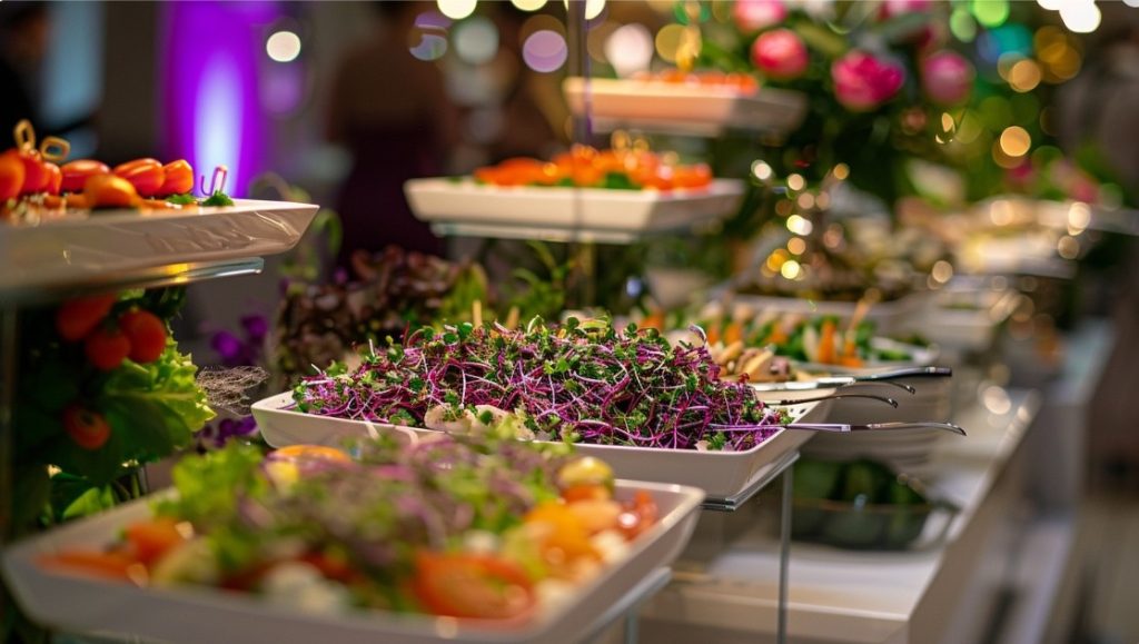 Фуршетний стіл із різними видами салатів та закусок