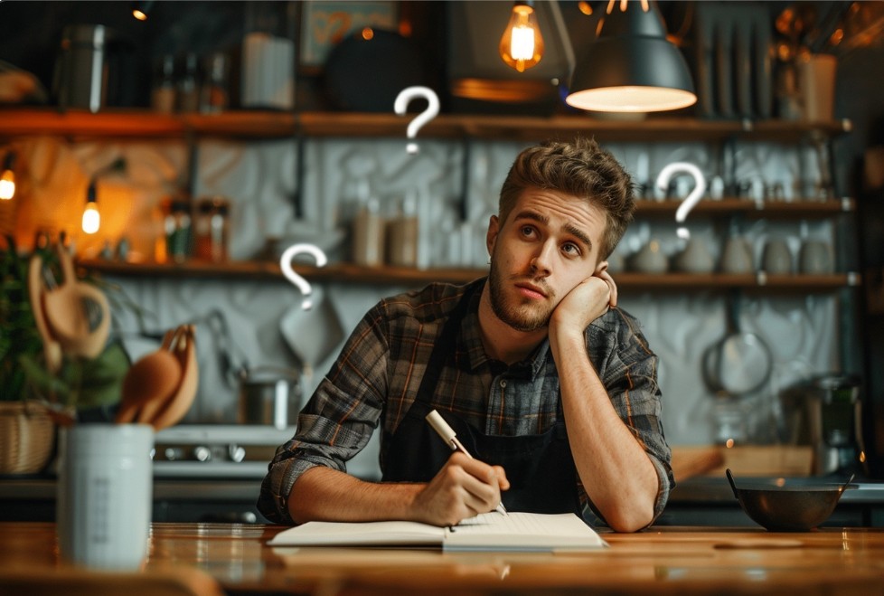 Хлопець із блокнотом і знаком питання на кухні