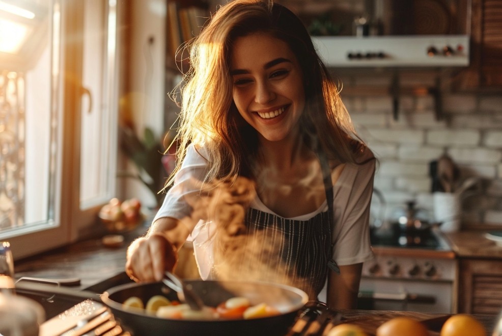 Усміхнена жінка готує овочі на сковорідці біля вікна