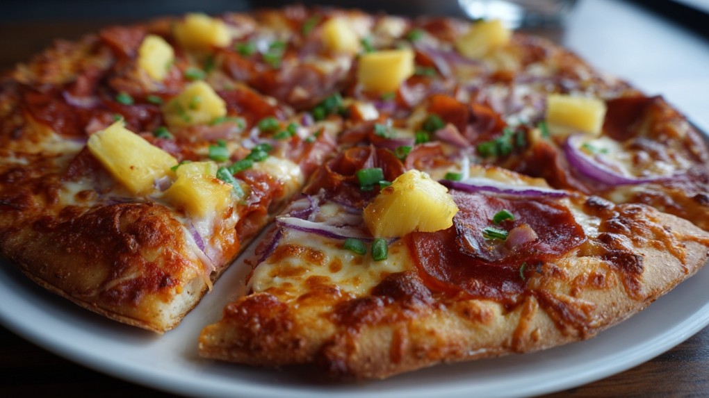 Гавайська піца з ананасом, шинкою та червоною цибулею на тарілці.